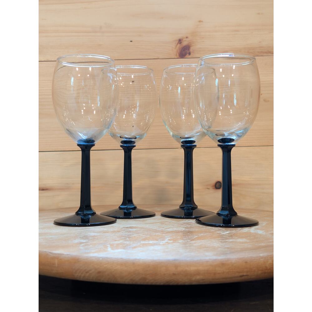 Vintage Luminarc Domino Black HexagonStem Wine Glasses – Set of 4 – 6.5” Tall
